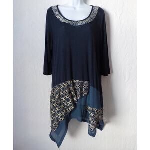 Blue Tunic Lagenlook Women 2X Asymmetrical Hem Golden Accents Aster by Firmiana